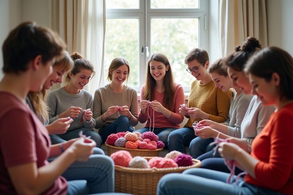 Diverse group of knitters laughing and working on projects together in a bright, inviting space