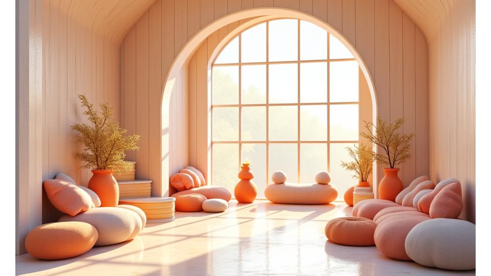 Blueprint-style illustration of a modern, eco-friendly fiber arts studio with large windows and community spaces