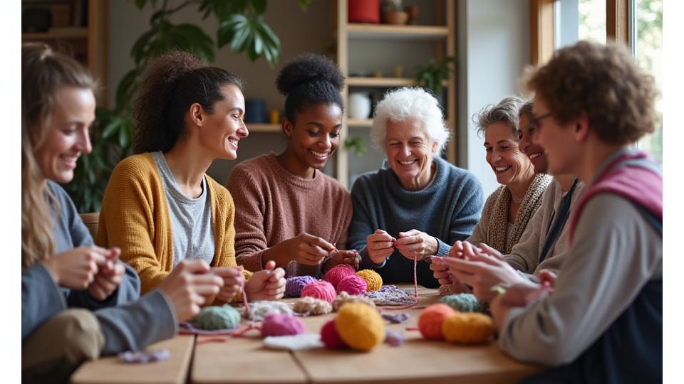 Diverse group of people of varying ages and backgrounds knitting together, smiling