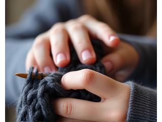Teenager knitting a complex pattern with focused expression.