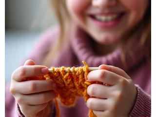 Child's hands holding knitting needles and a partially finished colorful scarf.