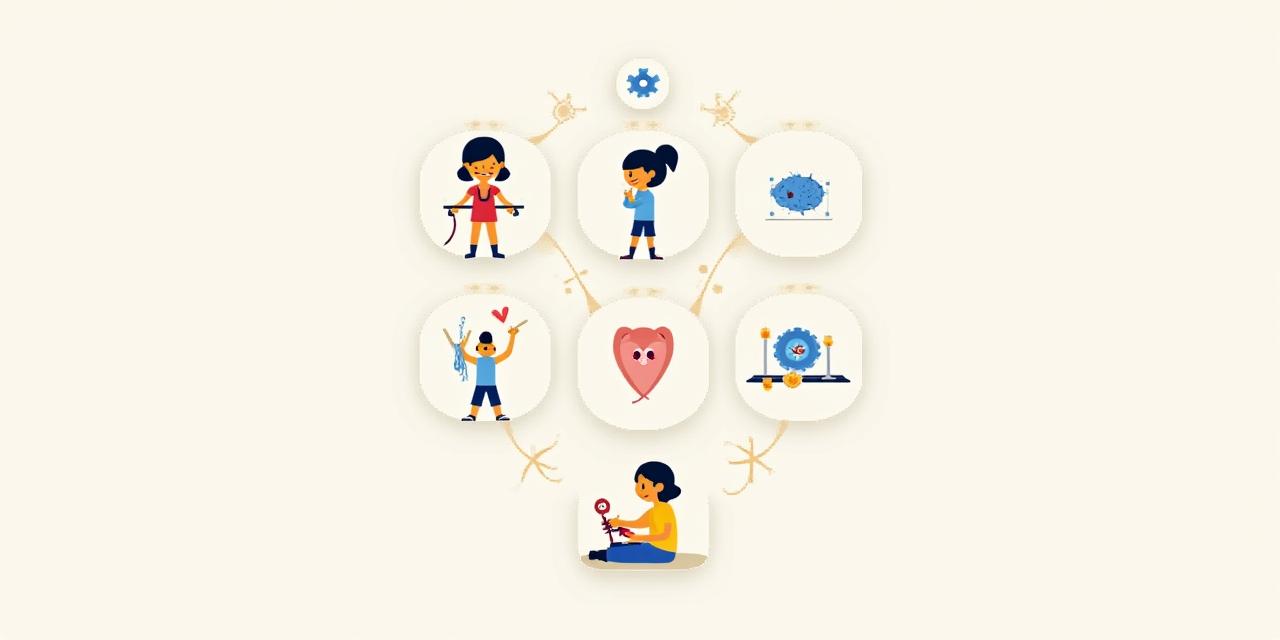 Infographic illustration of children knitting with icons representing educational benefits like brain development and creativity.