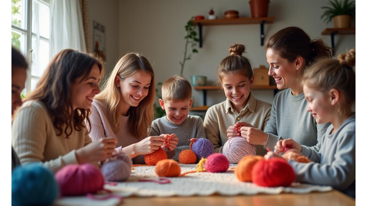 A family laughing together, knitting colourful yarn in a bright workshop.