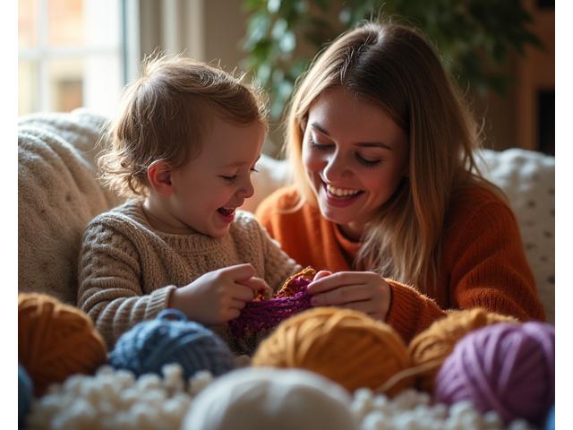 A parent and child laughing while knitting together, sharing a warm moment.