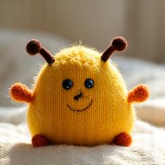 Hand-knitted small stuffed animal, a cheerful blue monster.