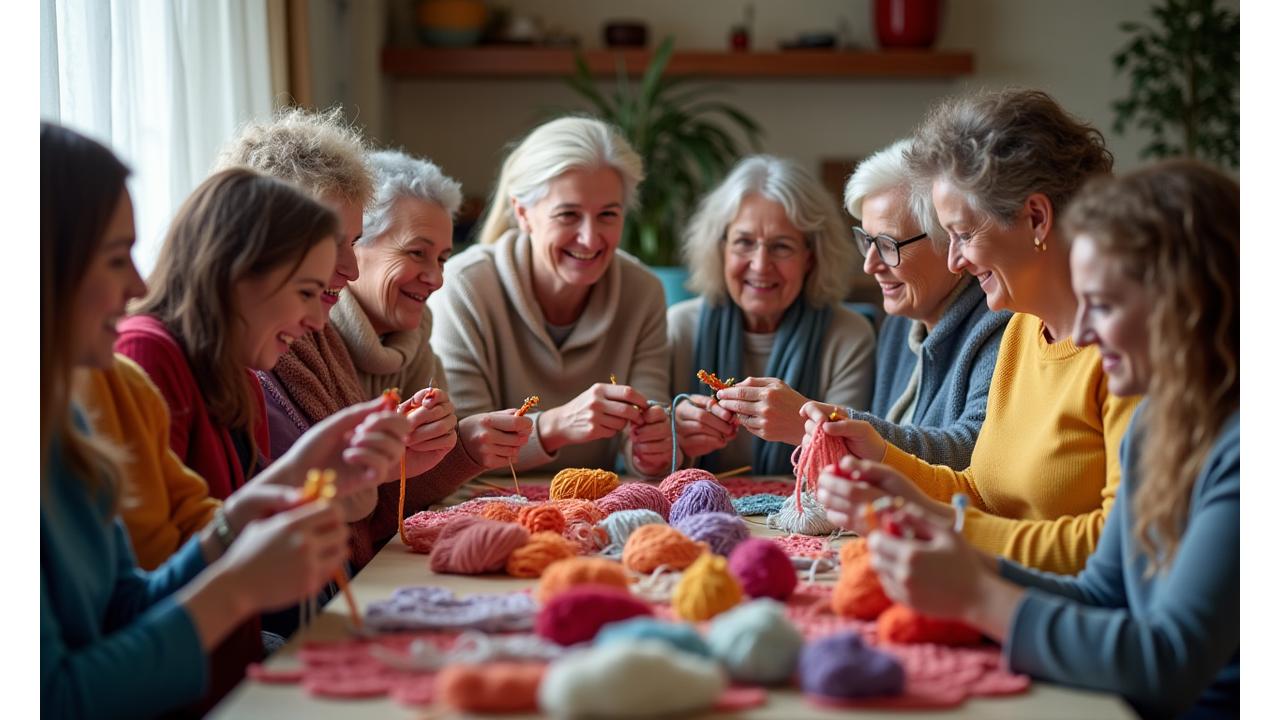 Diverse group of knitters laughing and sharing projects at a community event, warm lighting