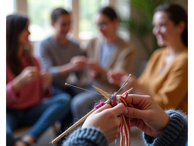 Close-up of hands knitting colorful yarn, with blurred faces of people in background
