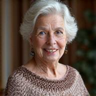 Portrait of Patricia, a guild member, showcasing elaborate lace knitting