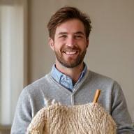 Portrait of Robert, a guild member, holding a knitted blanket