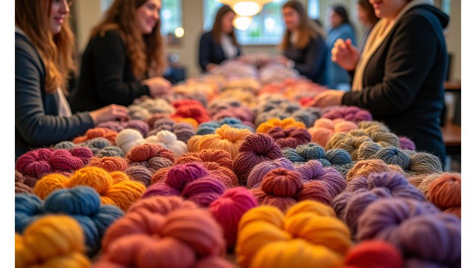 A table laden with colorful yarn skeins and knitted samples at a community event, people chatting in background