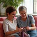 Linda P. and her daughter knitting together