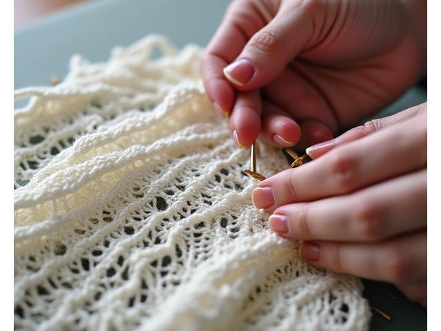 Close-up of hands applying blocking pins to a wet lace-knitted shawl