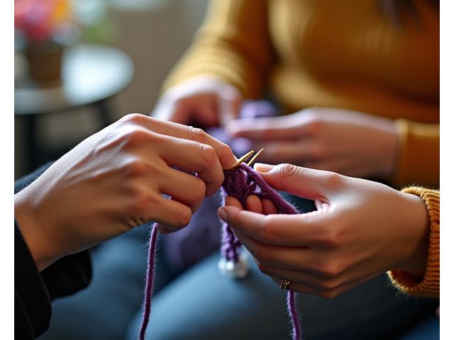 Close-up of a beginner knitter's hands being guided by an instructor