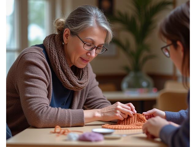 Instructor patiently helping a student with knitting technique