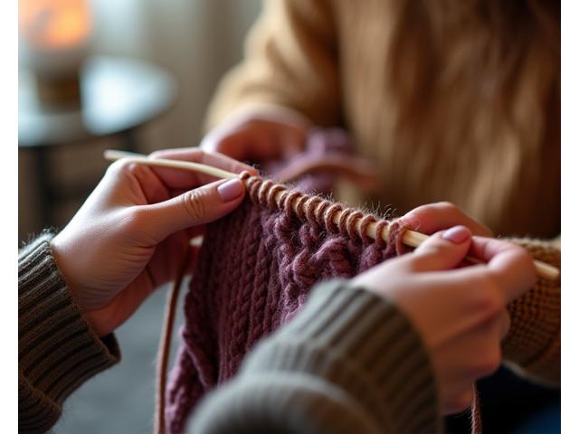Hands knitting a complex cable pattern with dark yarn