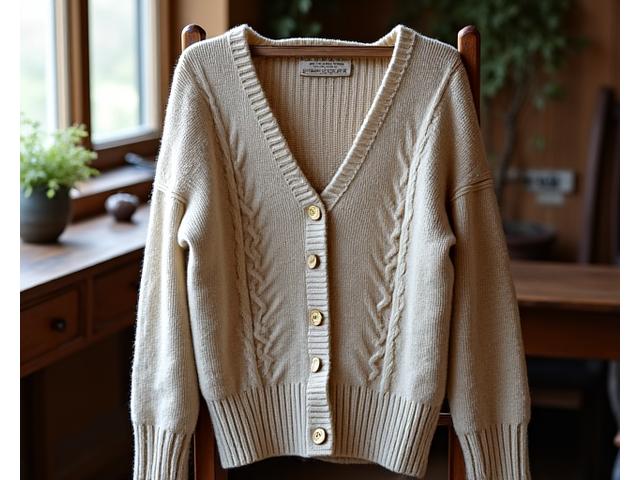 A handmade knitted sweater featuring cable patterns and subtle colorwork