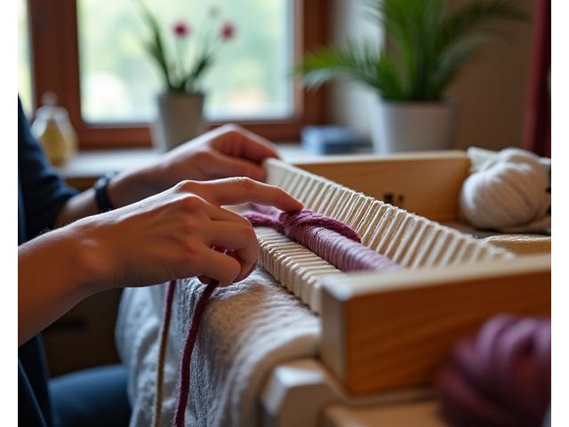 Person's hands operating a knitting machine during a workshop