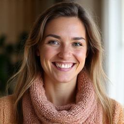 Portrait of a friendly, enthusiastic knitting instructor holding a two-color brioche cowl, showing warmth and approachability.