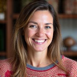 Portrait of a smiling, experienced knitting instructor holding a vibrant Fair Isle sweater, conveying warmth and expertise.