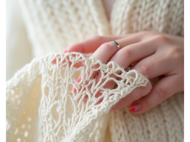 Delicate, intricate white lace knitted fabric draped over a hand, showing the fine details of yarn overs and decreases.