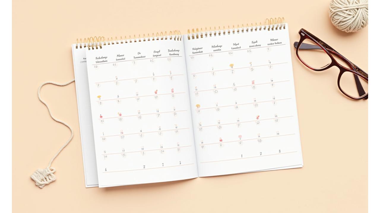 A stylized calendar with various knitting themed icons marking workshop dates, showing a full schedule of classes.