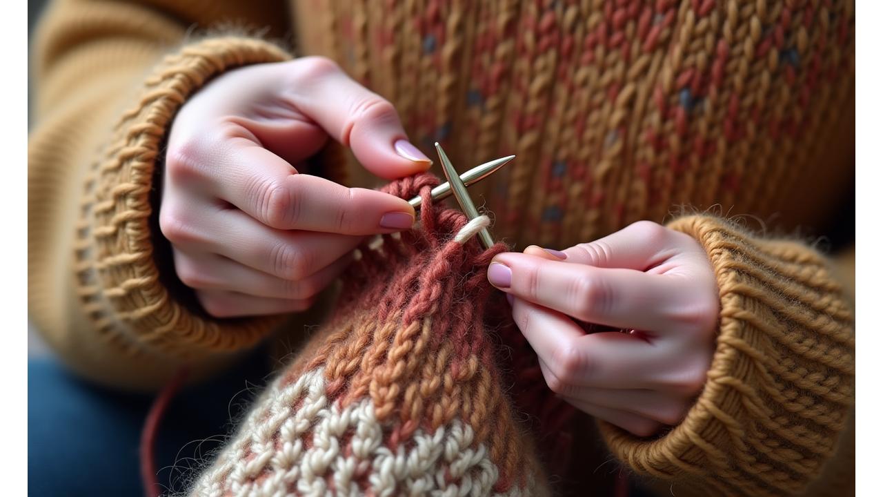 Close-up of hands knitting intricate lace, Fair Isle, and brioche stitches with richly colored yarn, representing advanced knitting techniques.
