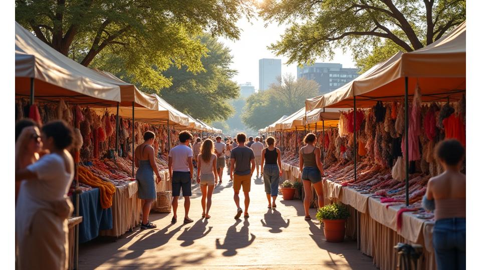 Vibrant scene of an outdoor artisan market in Austin, TX with diverse crafts and people engaging, highlighting local opportunities