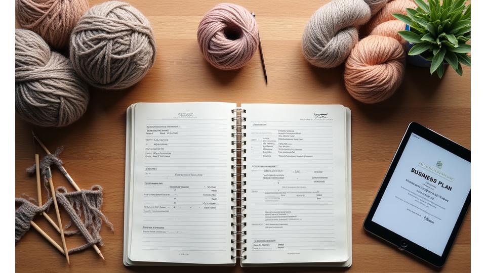 Close-up of hands knitting with a business plan and yarn beside them, symbolizing the blend of craft and commerce