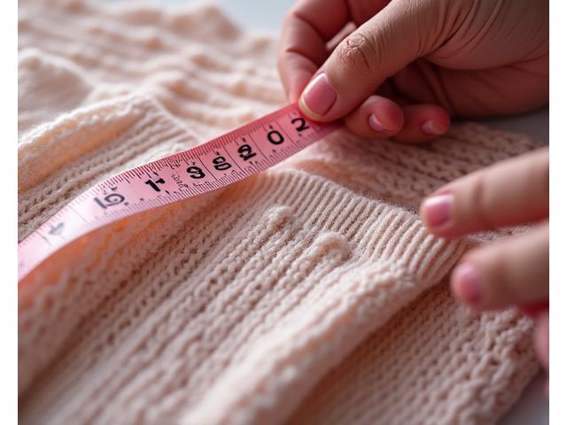Knitted garment being measured with a tape measure, indicating custom fit