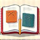 Illustration of a pencil and sketchbook with knitting swatches, symbolizing original design