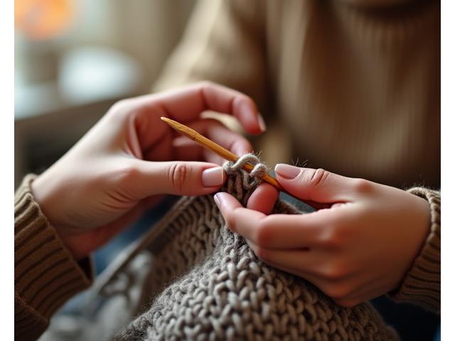 Close-up of hands holding a complex knitting pattern and yarn, with needles in focus, symbolizing pattern interpretation.