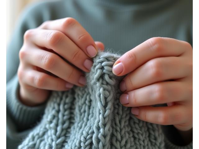 Hands working to fix a dropped stitch in a knitted fabric, symbolizing project troubleshooting