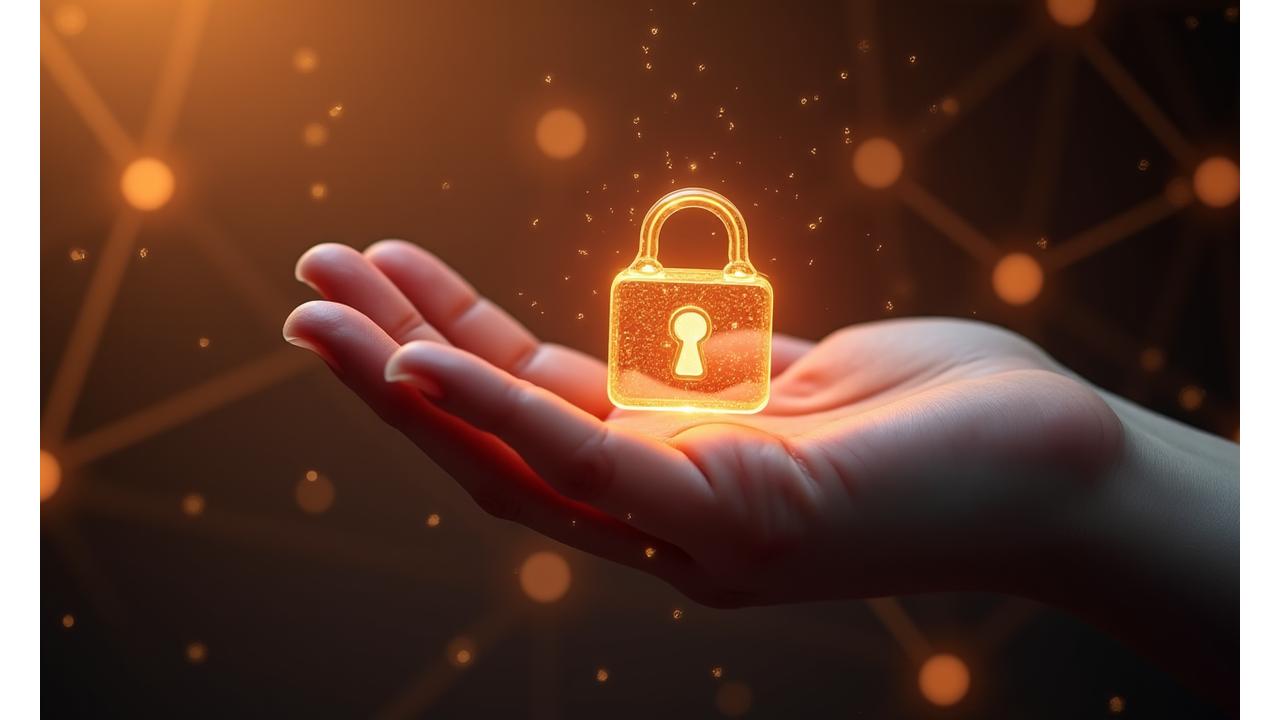 Close-up of a hand gently holding a small padlock over a stylized network of glowing lines, symbolizing data protection and security with a warm, inviting glow.