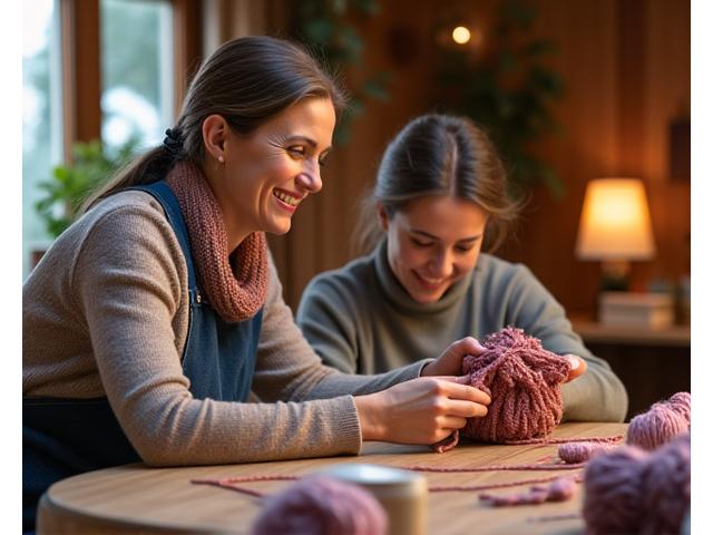 Experienced knitting instructor guiding a student one-on-one, with various yarns and needles on a cozy table.
