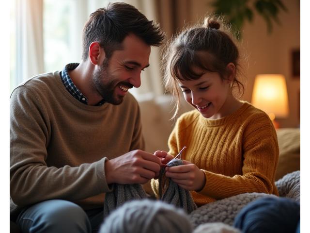 Mark, a father, patiently teaching his child to knit, both smiling.