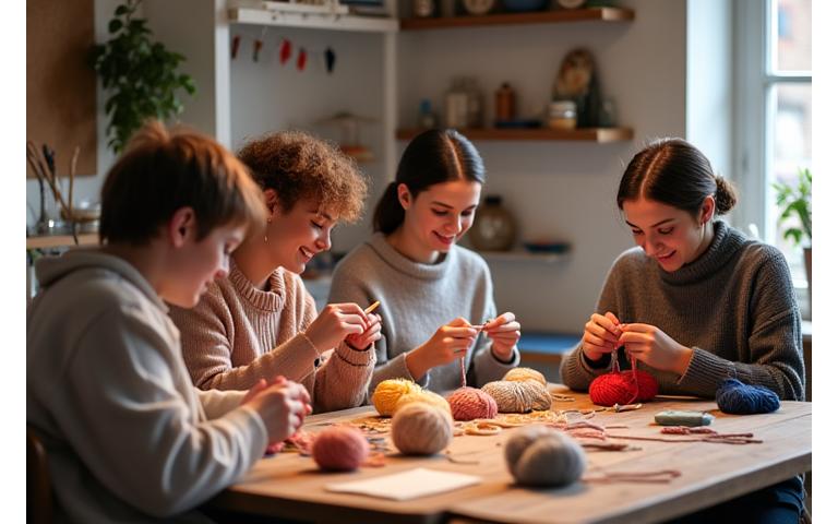 A diverse group of knitters in a cozy studio, focused on their projects, with various yarns and needles on a table