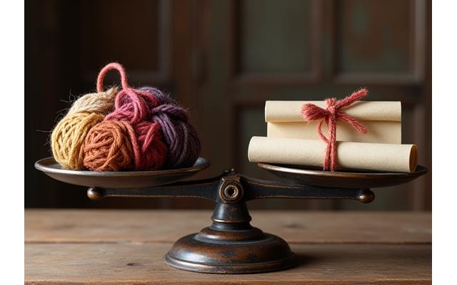 A balanced scale with yarn balls on one side and a legal document on the other, symbolizing fair terms and transparency