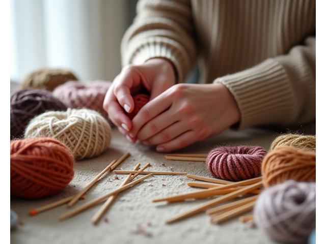 Hands of a knitter choosing from a selection of yarns and knitting needles