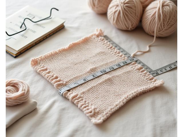 Knitted swatch being measured with a tape measure, indicating project planning