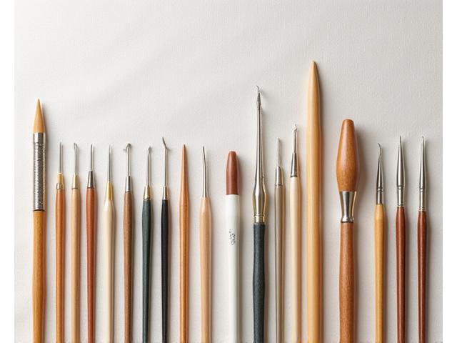 Close-up of various knitting needles and hooks laid on a wooden surface