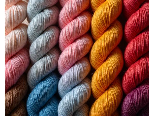 Close-up of various colorful yarn skeins in different textures